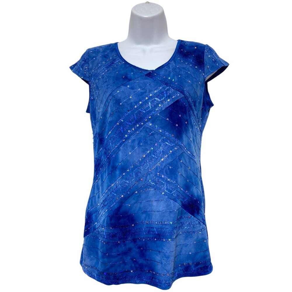 Women's Small Blue Pullover Sequins Top Short Sleeve Open Back Design By-D & B